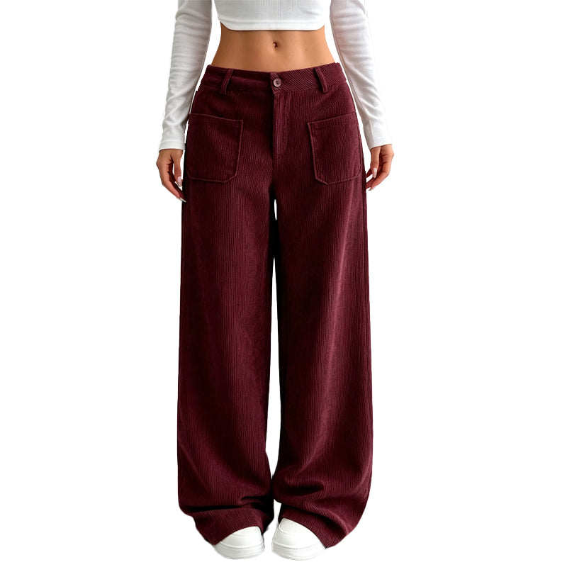 Pantalones de pierna ancha granate para mujer, cintura con botón y bolsillos delanteros