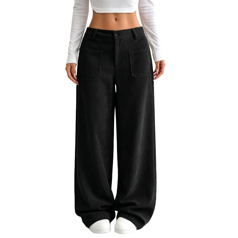 Pantalones de pierna ancha negros, cintura con botón y bolsillos delanteros