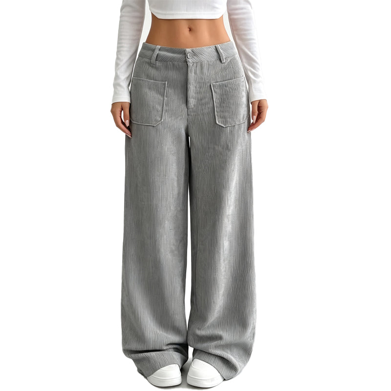Pantalones de pierna ancha grises, cintura con botón y bolsillos delanteros