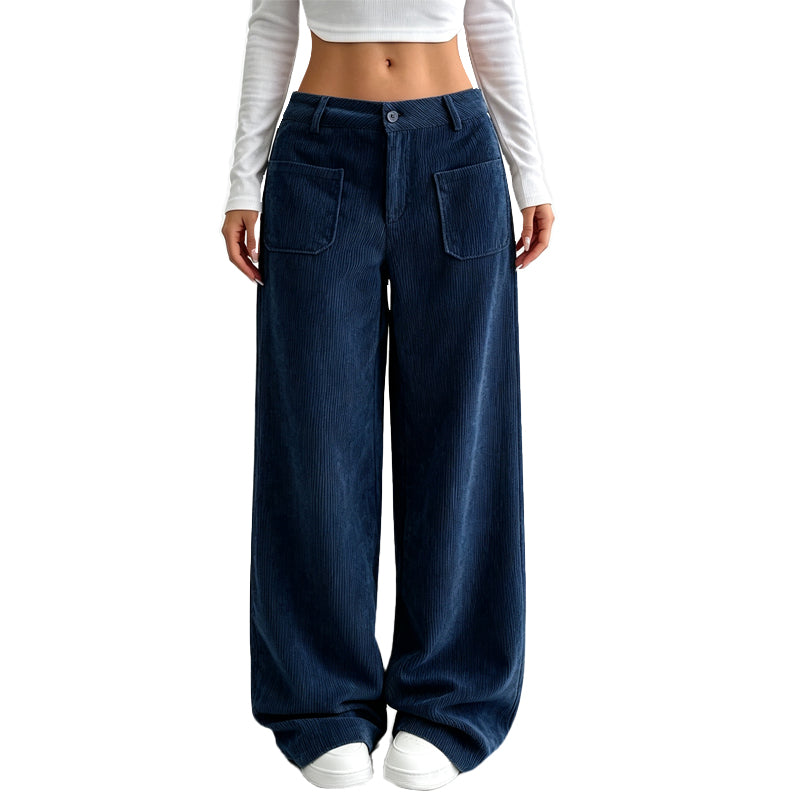Pantalones de pierna ancha azul oscuro, cintura con botón y bolsillos delanteros